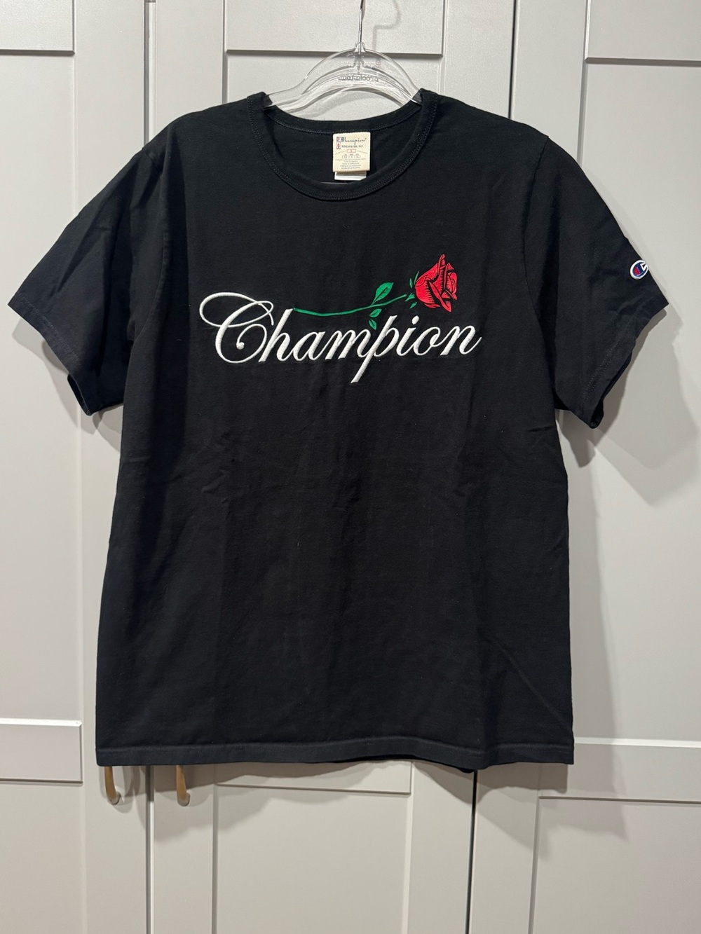 Champion Black Tee with Red Rose and White Script